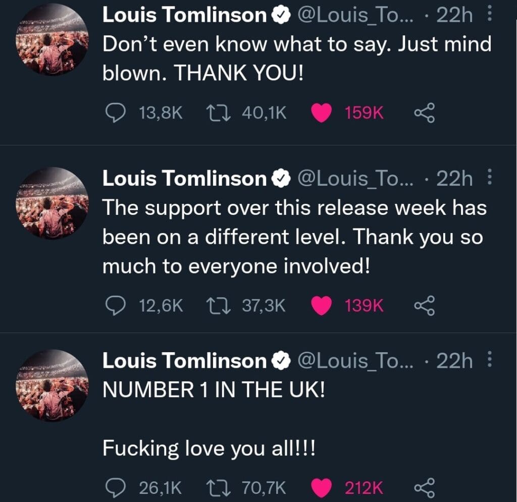 Louis Tomlinson thanking his Louies on Twitter after Faith In The Future debuted at No. 1 on the UK Albums Chart